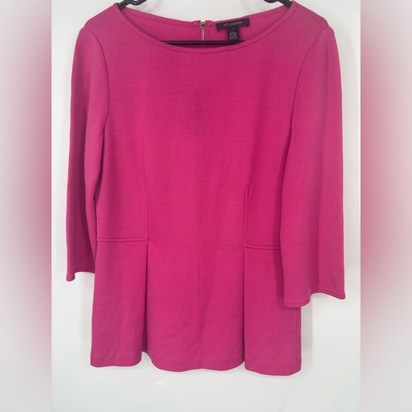 NWOT St. John Hot Pink Wool Blend Fit and Flare Quarter Sleeve Top 8 - Picture 1 of 4